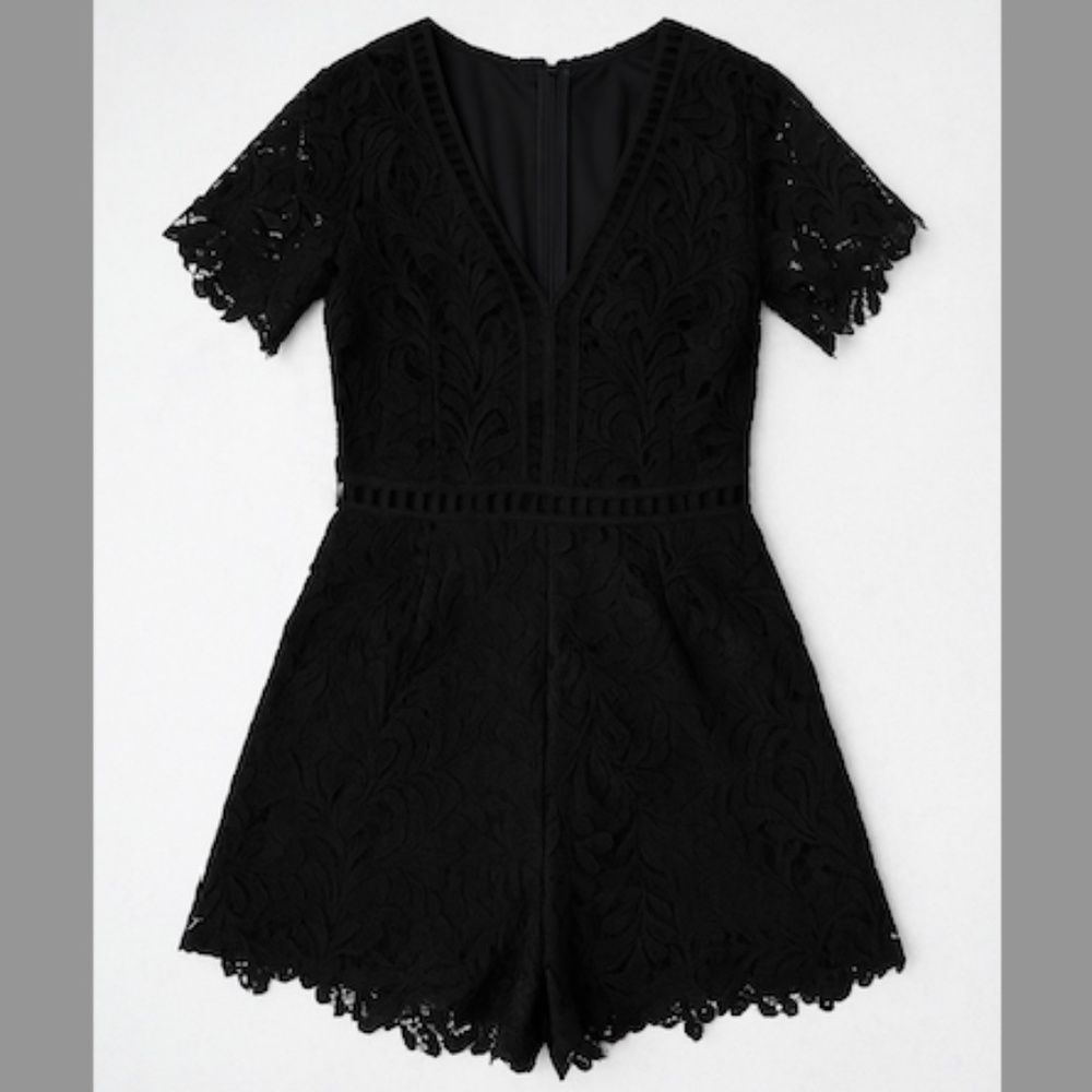 She + Sky Black Lace Short Sleeve V-Neck Romper